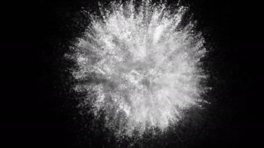 Animation of an explosion of white particles on a black background in slow motion. Bright background for your video. Particles scattering in space