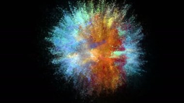 Animation of an explosion of colored particles on a black background in slow motion. Bright background for your video. Particles scattering in space