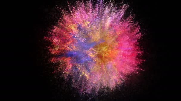 彩色粒子在黑色背景上以慢动作爆炸的动画 你的视频背景明亮 空间中的粒子散射 — 图库视频影像
