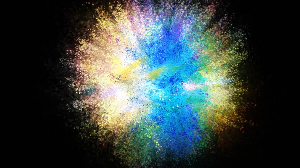 3D rendering of a colorful explosion of colored particles on a black background. Bright background for your presentation, news or advertisement. Scattering of particles in space