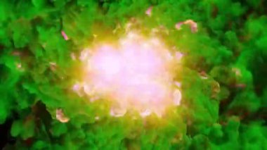 Dinamik renk alev reaktörü. Çok renkli duman ve ateş bulutları farklı yönlere yüksek hızda dağılmış. Video veya sunum için renkli parlak arkaplan