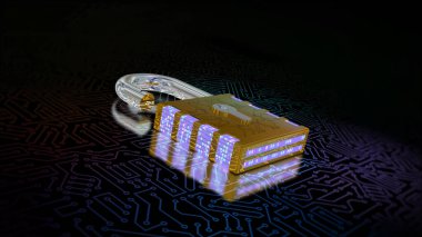 Şifreli kilidin 3 boyutlu görüntüsü. Dijital verilerin siber güvenliği, hacker saldırılarına karşı koruma ve bilgisayar veri iletim ağlarının hacklenmesi. İkili kod, yüksek hız bağlantı veri analizi