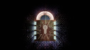 Şifreli kilidin 3 boyutlu görüntüsü. Dijital verilerin siber güvenliği, hacker saldırılarına karşı koruma ve bilgisayar veri iletim ağlarının hacklenmesi. İkili kod, yüksek hız bağlantı veri analizi