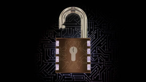 3D rendering of a combination lock. Cybersecurity of digital data, protection against hacker attacks and hacking of computer data transmission networks. Binary code, high speed connection data analysis