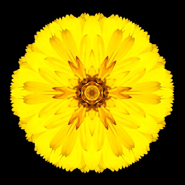 Żółty kwiat mandali Kalejdoskop na czarnym tle — Zdjęcie stockowe