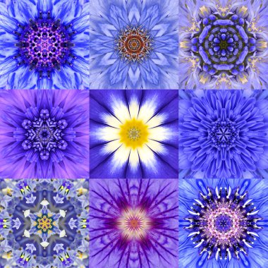 Dokuz mavi konsantrik çiçek mandalalar Kaleidoscope topluluğu
