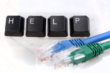 IT HELP Four Keyboard Keys with Network Cables on White Glass clipart
