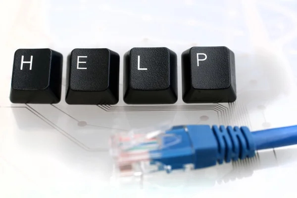 IT HELP Four Keyboard Keys with Network Cable on White Glass — Stock Photo, Image