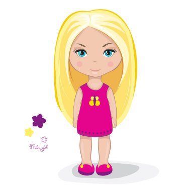 Beautiful doll baby girl with long blond hair in a pink dress vector Beautiful doll baby girl with long blond hair in a pink dress vector