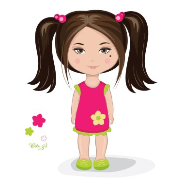 Pembe elbiseli, uzun kahverengi saçlı güzel bir bebek.