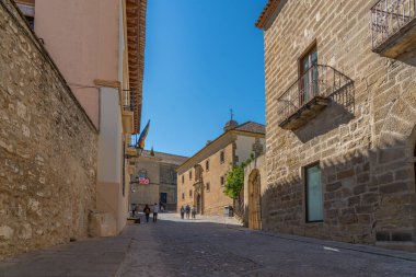 BAEZA, SPAIN OCTOBER 16.2020: Old stoned alley in Baeza medieval city, declared along with Ubeda as world heritage by unesco, Andalusia, Spain