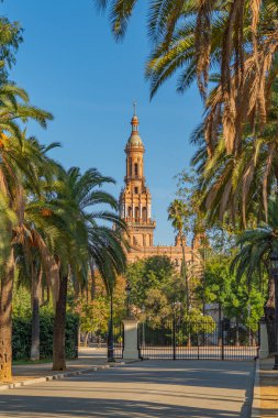 Parque de Maria Luisa is the famous public park with them historical buildings in Sevilla, along the Guadalquivir River in Seville, Spain. vertical