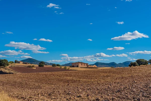 Panoramic View Landscape Fields Blue Sky Beautiful Clouds Old Abandoned — Foto de Stock