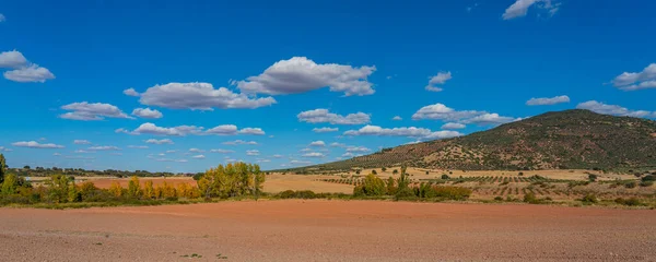 Panoramic View Landscape Fields Blue Sky Beautiful Clouds Mancha Spain — Fotografia de Stock