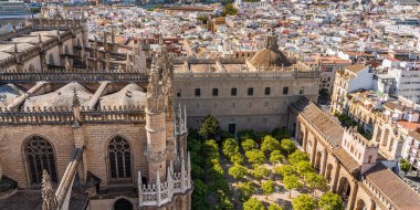City skyline of Sevilla aerial view from the top of Cathedral of Saint Mary of the See, Seville Cathedral , Andalusia, Spain