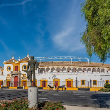 Seville, Spain - October 18, 2020: Maestrans bullfighting arena, Plaza de Toros de la Maestranza, the oldest bullring in Spain.