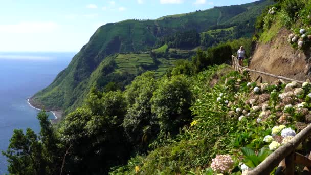 Πανόραμα Θέα Στην Ακτογραμμή Του Νησιού Sao Miguel Από Επιφυλακή — Αρχείο Βίντεο