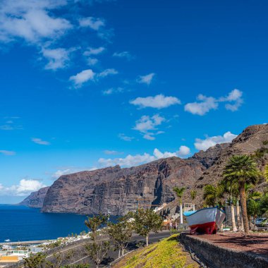 Los Gigantes, Tenerife, Kanarya Adaları 'nda okyanus kenarında renkli bir balıkçı teknesi, adanın manzaralı bir resmi. dikey