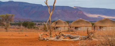NAMIB NAUKLUFT Parkı, NAMIBIA - Ocak 06. 2021: Biz Kebi Safari Locası - bir su birikintisindeki ölü ağaç, Namib Naukluft Ulusal Parkı 'ndaki sazdan çatı evi