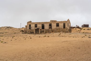 KOLMANSKOP, NAMIBIA - 8-2021: Alman Kolmanskop - Namibya 'daki terk edilmiş binalarla birlikte Kolmannskuppe Hayalet Kasabası