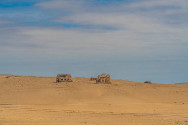 KOLMANSKOP, NAMIBIA - 8-2021: Namib çölündeki terk edilmiş binalarla birlikte Namibya 'daki Alman Kolmanskop Hayalet Kasabası üzerinde panorama manzarası