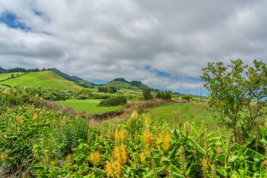 Panorama Manzarası dağdan Sao Miguel 'e, Azores, Portekiz güzel mavi gökyüzü