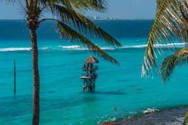 Güzel ada Mujeres, Cancun, Meksika 'daki Garrafon Resifi Park Plaj Kulübü. Su Parkı 'nda faaliyet gösteren insanlar..