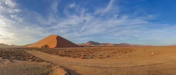 Wydmy Pustyni Namib Sossusvlei Godzinach Porannych Tło Błękitne Niebo Pięknymi — Zdjęcie stockowe