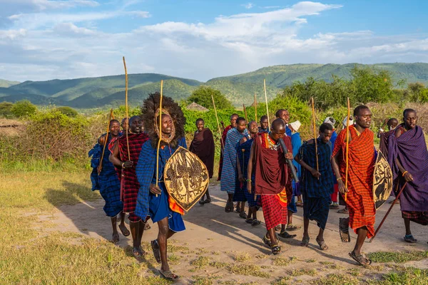 Ngorongoro Tanzania February 2020 Group Massai Warrior Participating Traditional Dance — Stock Photo, Image