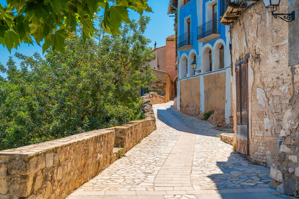 The historical town of Miravet at the Ebro River, street view with the old buildings, Tarragona province in Spain