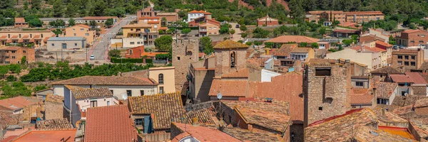 カタルーニャ州プラティップに教会の塔を持つ古い家の屋根 パノラマ — ストック写真