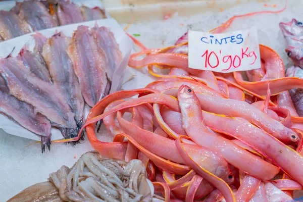 Peixes e outros frutos do mar num balcão à venda num mercado espanhol — Fotografia de Stock
