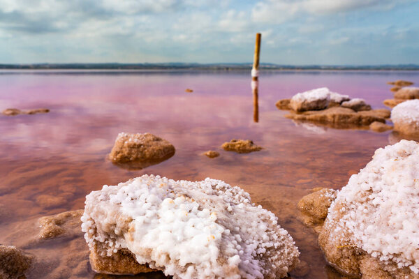 Salty rocks at Torrevieja Pink Lake at Natural Park de Las Lagunas de La Mata e Torrevieja, Alicante province, Spain.