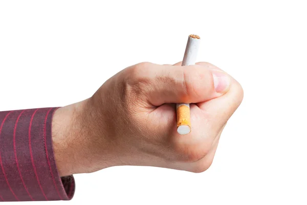 Homem quebra um cigarro na mão — Fotografia de Stock