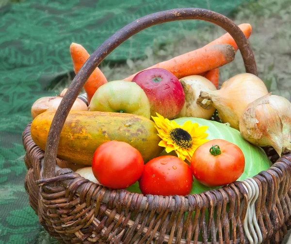 Frutas y verduras frescas en una canasta de mimbre —  Fotos de Stock