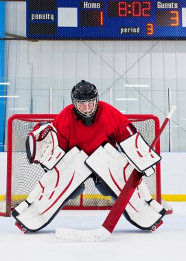 Ice hockey goalie in front of his net. Picture taken on ice rink arena. clipart