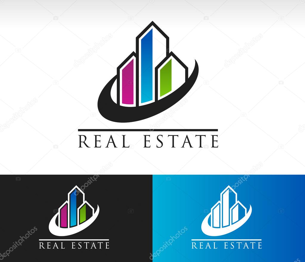 Modern buildings logo icon with swoosh graphic element