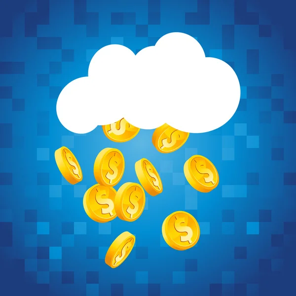 Nube lloviendo monedas de oro en dólares — Vector de stock