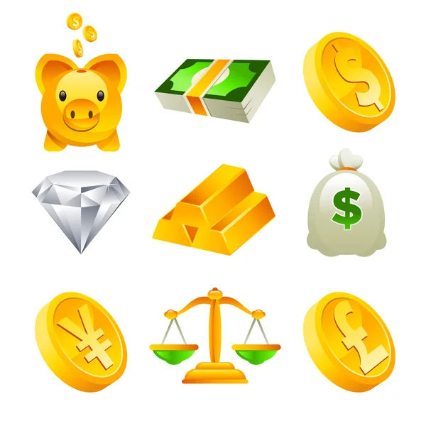Χρυσό χρήματα και οικονομική εικονίδια — Διανυσματικό Αρχείο