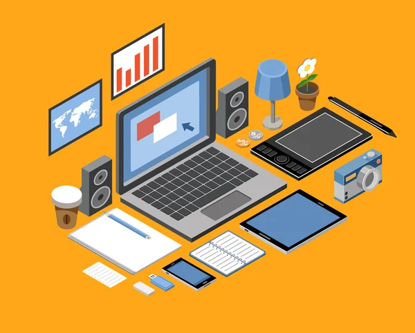 Düz izometrik vektör çalışma alanı. Office. dizüstü bilgisayar, tablet, kitaplar, kamera, ofis, grafik tablet, lamba, kahve