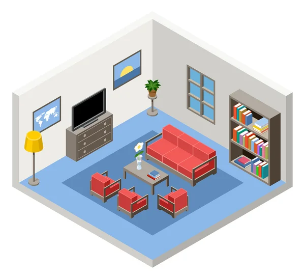 Vector interior of the isometric room with furniture — Stock Vector