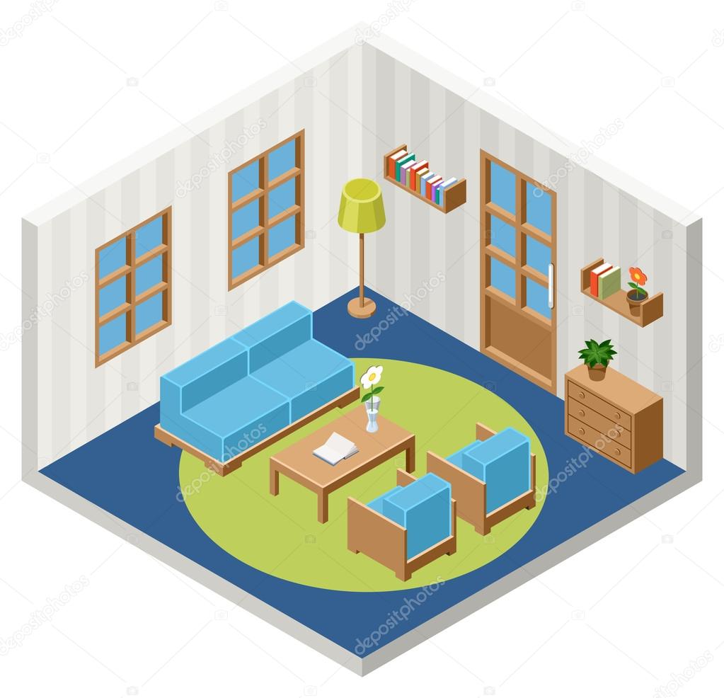 Vector interior of the isometric room with furniture