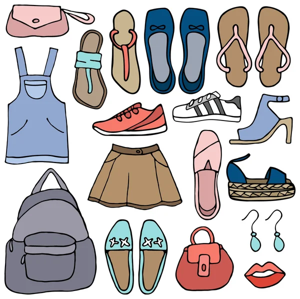 Doodle hand drawn girls' shoes and handbags set — Stock Vector