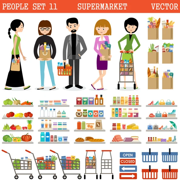 Pessoas em um supermercado com compras —  Vetores de Stock