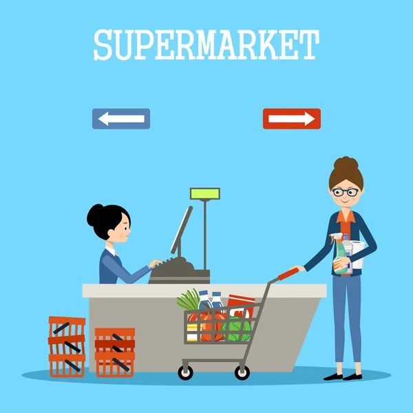 Personas en un supermercado con compras — Vector de stock