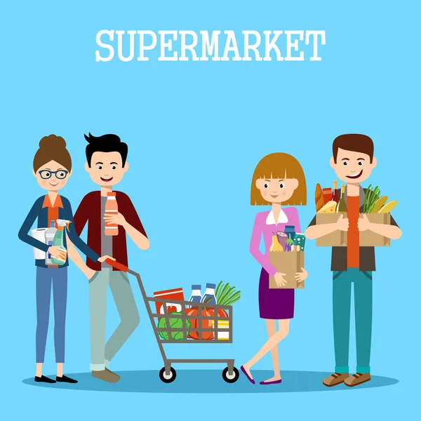 People in a supermarket with purchases — Stock Vector