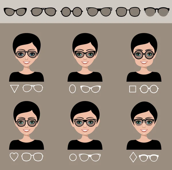 Okulary przeciwsłoneczne wybór różnych kształtów twarzy — Wektor stockowy