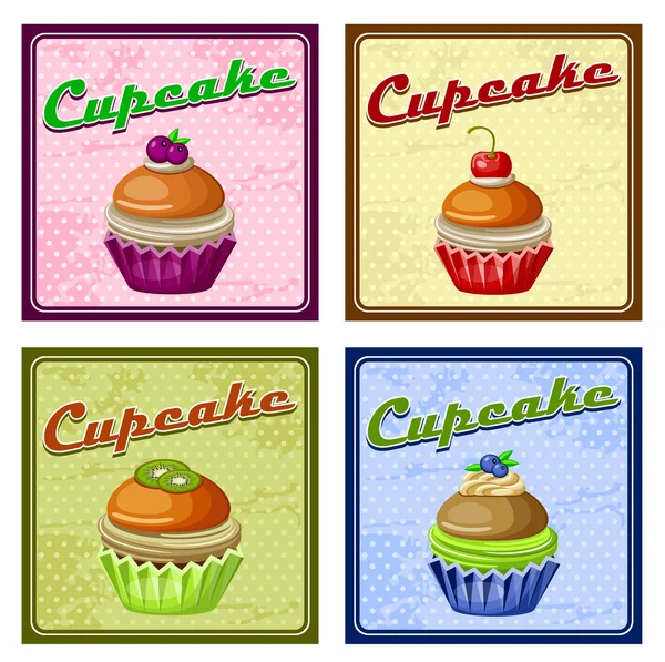 Uppsättning av fyra vintage affischer cupcake. vektor illustration — Stock vektor