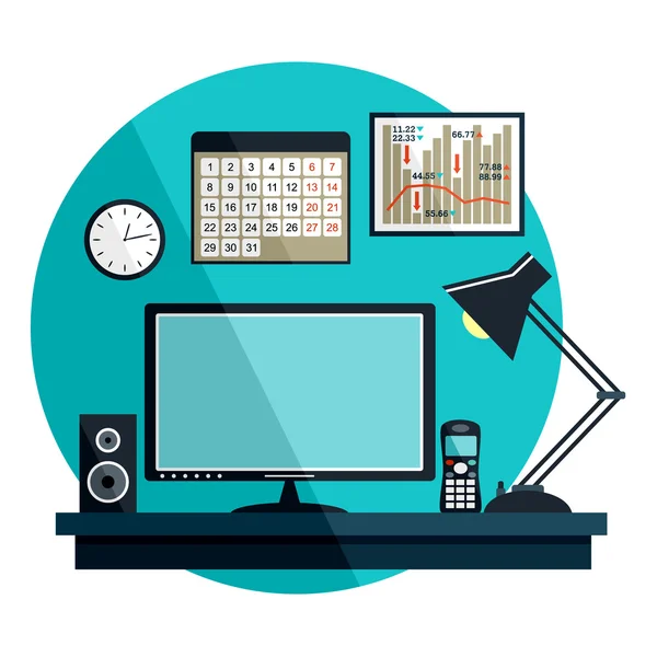 Platte vectorillustratie met office dingen, apparatuur. — Stockvector