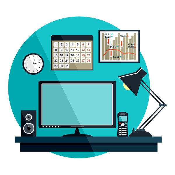 Flat vector illustration with office things, equipment. 